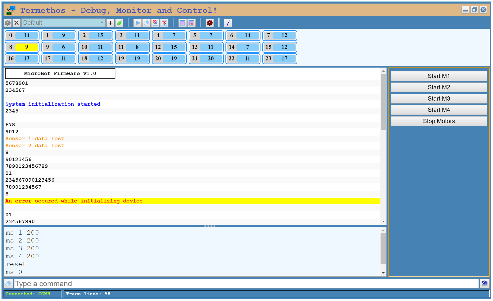 Termethos window showing a realtime dashboard, color-coded serial trace, command history and custom command buttons